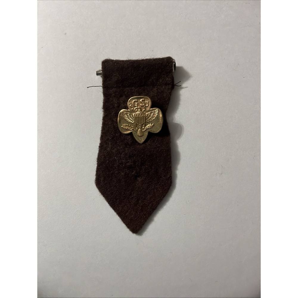 Girl Scouts Fleur-de-lis Insignia Lapel Pin on Brown Ribbon Vintage Hat Pinback